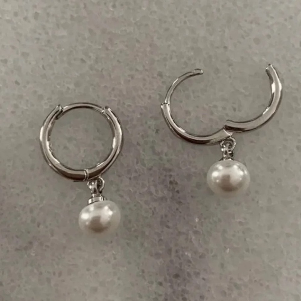 COPY - COPY - Sterling Silver Huggie Hoop Dangle Pearl Earrings - Picture 2 of 4